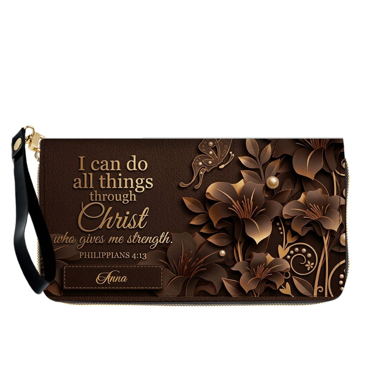 Personalized Leather Handbag - Custom Name Christian Bible Verse Philippians 4:13 Floral Butterfly Tote Bag | CHRISTIANARTBAG CA01101226