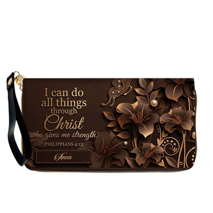 Personalized Leather Handbag - Custom Name Christian Bible Verse Philippians 4:13 Floral Butterfly Tote Bag | CHRISTIANARTBAG CA01101226