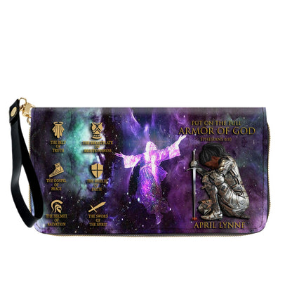 Personalized Christian Leather Handbag & Long Wallet Set – Armor of God Ephesians 6:10 Custom Name & Skin Tone, Prayer Warrior Gift for Women