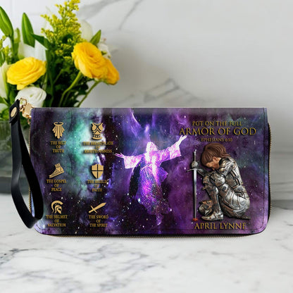 Personalized Christian Leather Handbag & Long Wallet Set – Armor of God Ephesians 6:10 Custom Name & Skin Tone, Prayer Warrior Gift for Women