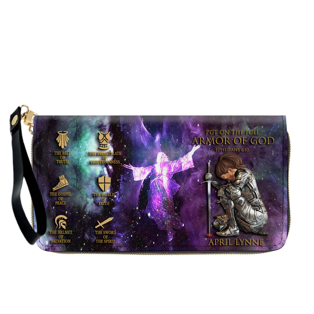 Personalized Christian Leather Handbag & Long Wallet Set – Armor of God Ephesians 6:10 Custom Name & Skin Tone, Prayer Warrior Gift for Women