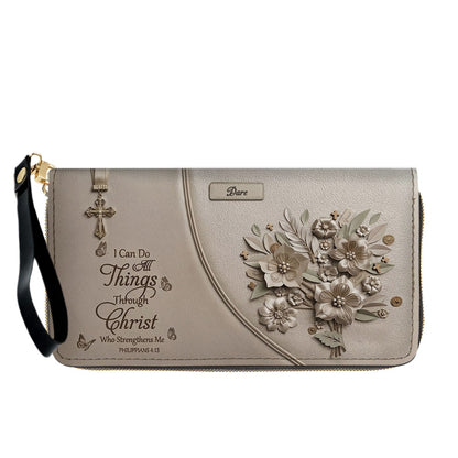 Custom Name Hand-Drawn Ink Sketch Leather Handbag | "I Can Do All Things Through Christ" Floral Design | CHRISTIANARTBAG 01070426