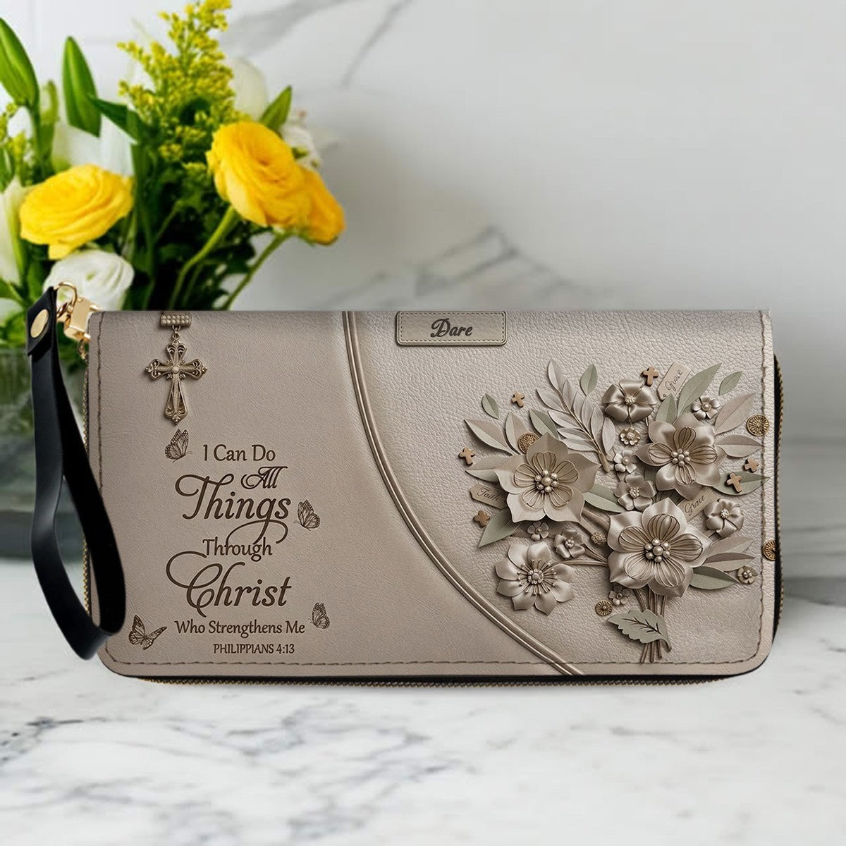 Custom Name Greige Leather Handbag | "I Can Do All Things Through Christ" Floral Design | CHRISTIANARTBAG 01070326