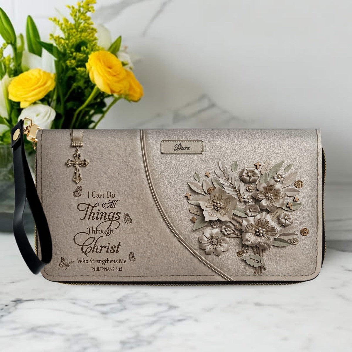 Custom Name Christian Leather Handbag by CHRISTIANARTBAG | I Can Do All Things Shoulder Bag Deep Forest Green, Religious Floral Gift for Her CAB01070226