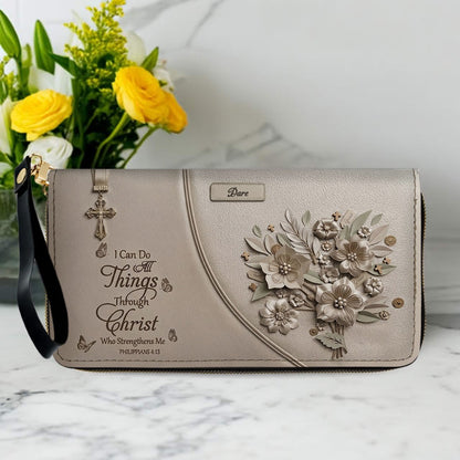 Custom Name Greige Leather Handbag | "I Can Do All Things Through Christ" Floral Design | CHRISTIANARTBAG 01070326