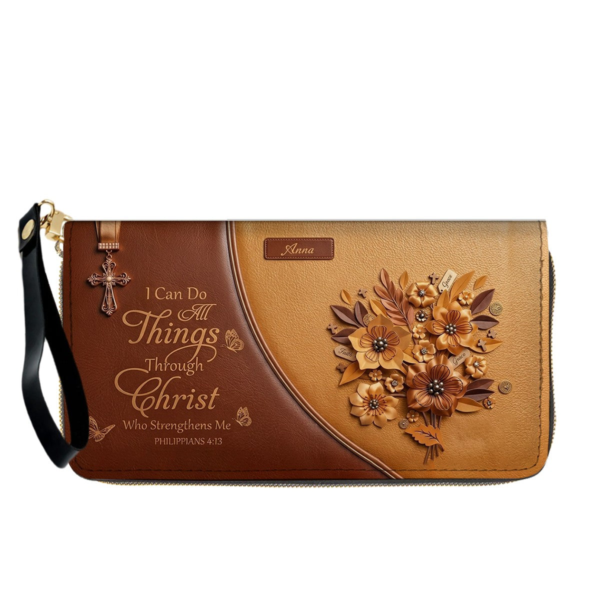 Custom Name Hand-Drawn Ink Sketch Leather Handbag | "I Can Do All Things Through Christ" Floral Design | CHRISTIANARTBAG 01070426