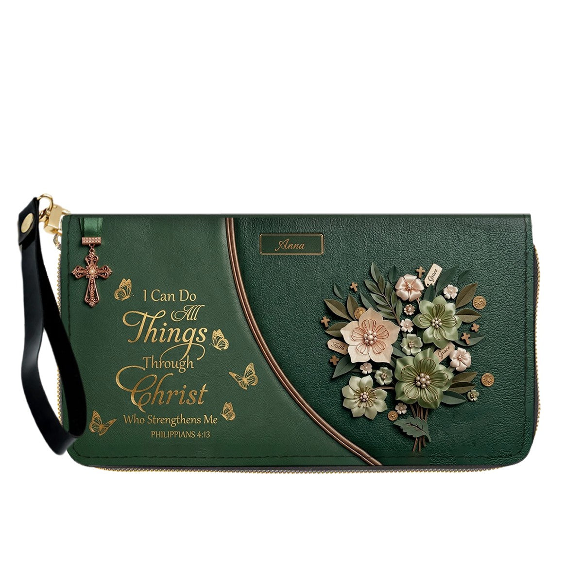 Custom Name Hand-Drawn Ink Sketch Leather Handbag | "I Can Do All Things Through Christ" Floral Design | CHRISTIANARTBAG 01070426