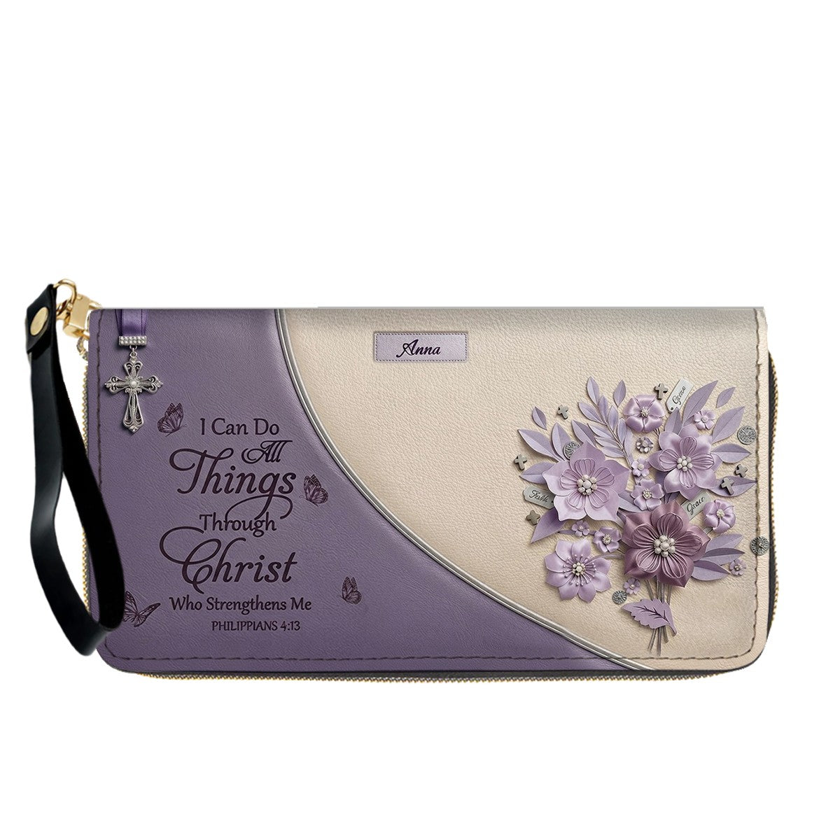 Custom Name Christian Leather Handbag by CHRISTIANARTBAG | I Can Do All Things Shoulder Bag, Religious Floral Gift for Her CAB01070126