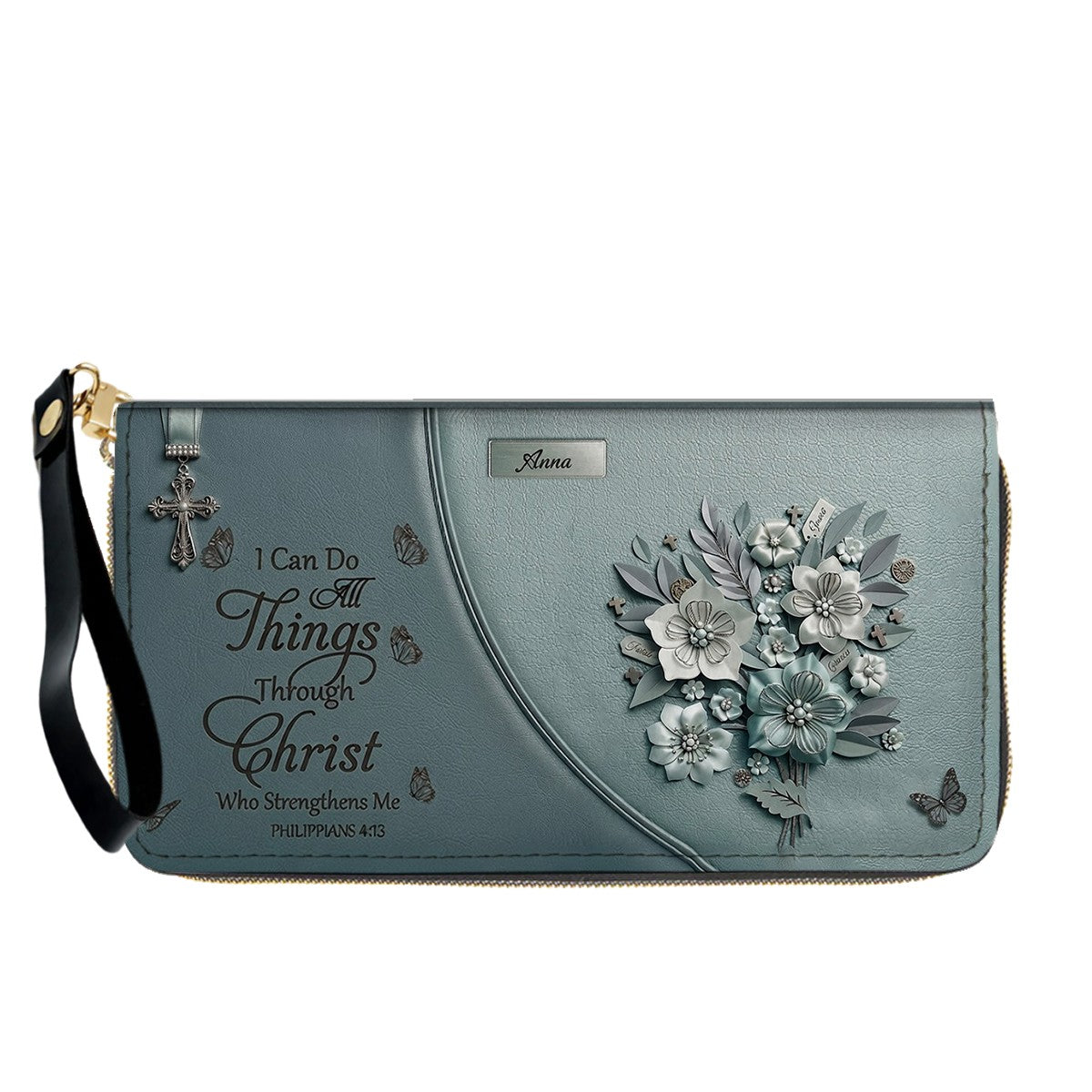 Custom Name Christian Leather Handbag by CHRISTIANARTBAG | I Can Do All Things Shoulder Bag Deep Forest Green, Religious Floral Gift for Her CAB01070226