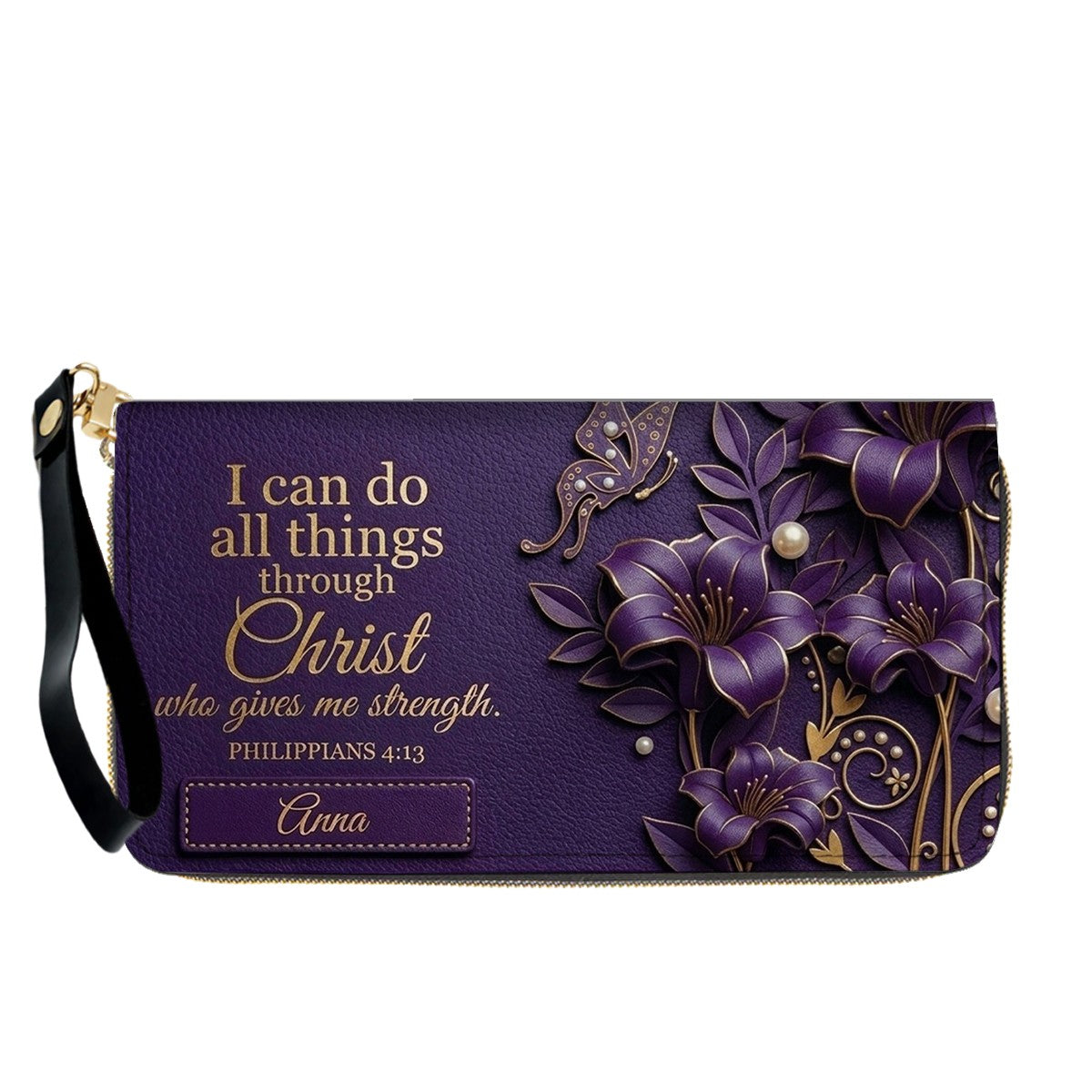 Personalized Leather Handbag - Custom Name Christian Bible Verse Philippians 4:13 Floral Butterfly Tote Bag | CHRISTIANARTBAG CA01101226