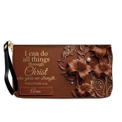 Personalized Leather Handbag - Custom Name Christian Bible Verse Philippians 4:13 Floral Butterfly Tote Bag | CHRISTIANARTBAG CA02100926