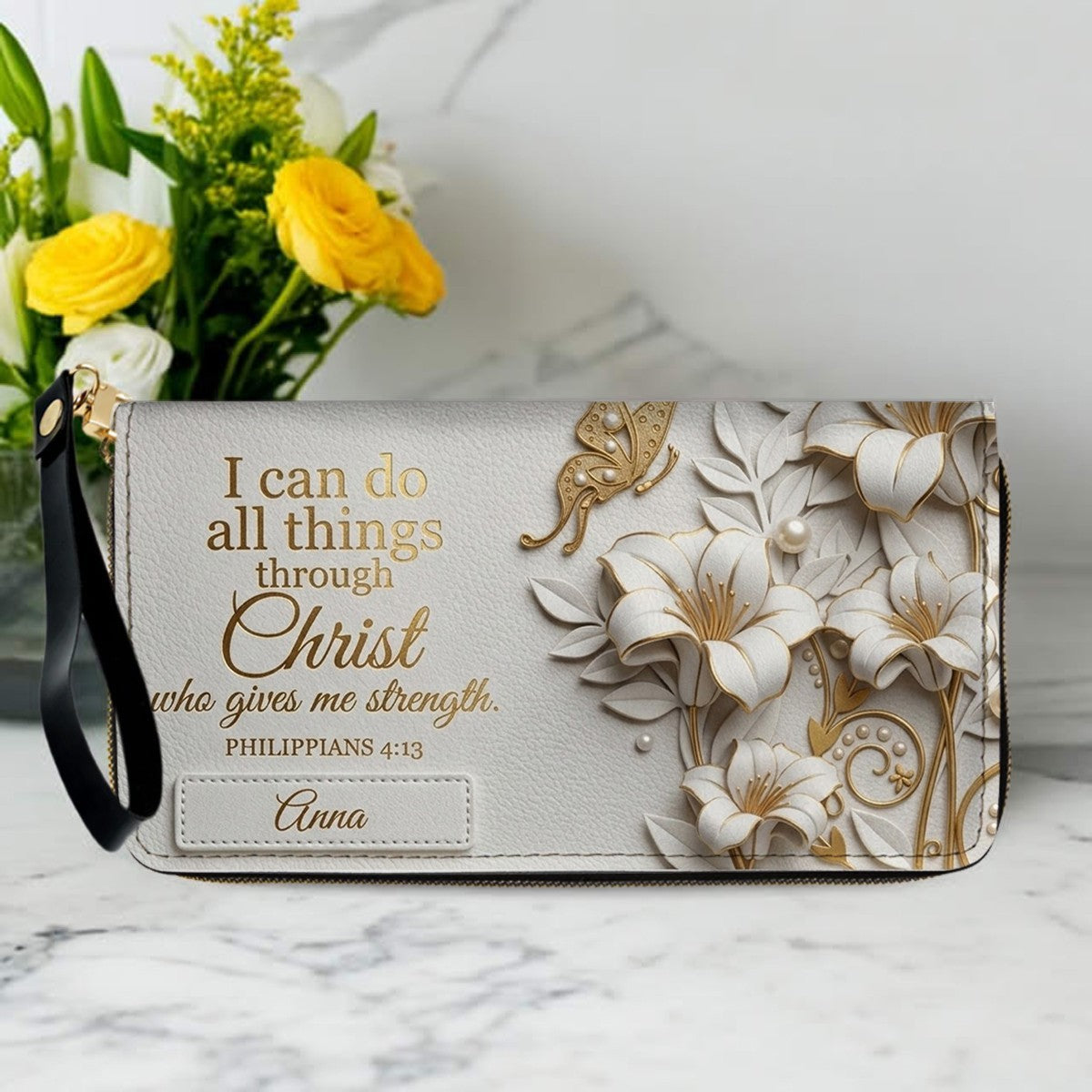 Personalized Leather Handbag - Custom Name Christian Bible Verse Philippians 4:13 Floral Butterfly Tote Bag | CHRISTIANARTBAG CA01101226