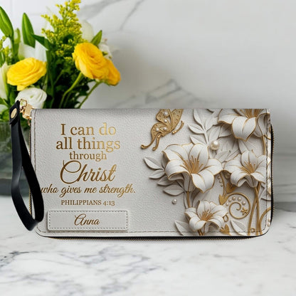 Personalized Leather Handbag - Custom Name Christian Bible Verse Philippians 4:13 Floral Butterfly Tote Bag | CHRISTIANARTBAG CA01101226