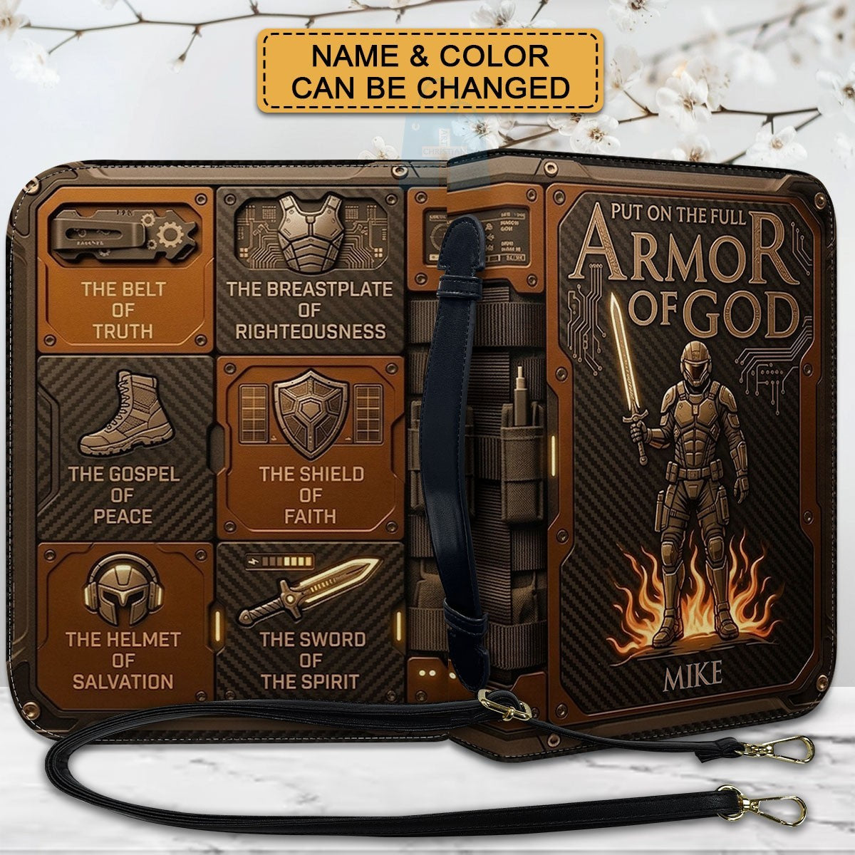Personalized Bible Cover Cobalt Blue Armor of God | Custom Name Leather Bible Case with Handle | Christian Gift for Men Women | CHRISTIANARTBAG 01061826