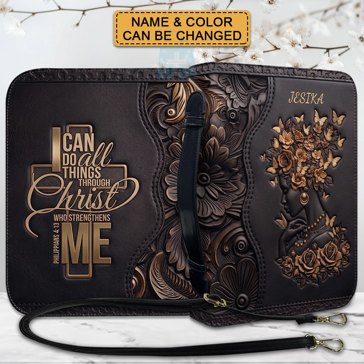 Personalized Leather Bible Cover with Strap - "I Can Do All Things Through Christ" Philippians 4:13, Custom Name Floral Artwork Case by CHRISTIANARTBAG 01082426