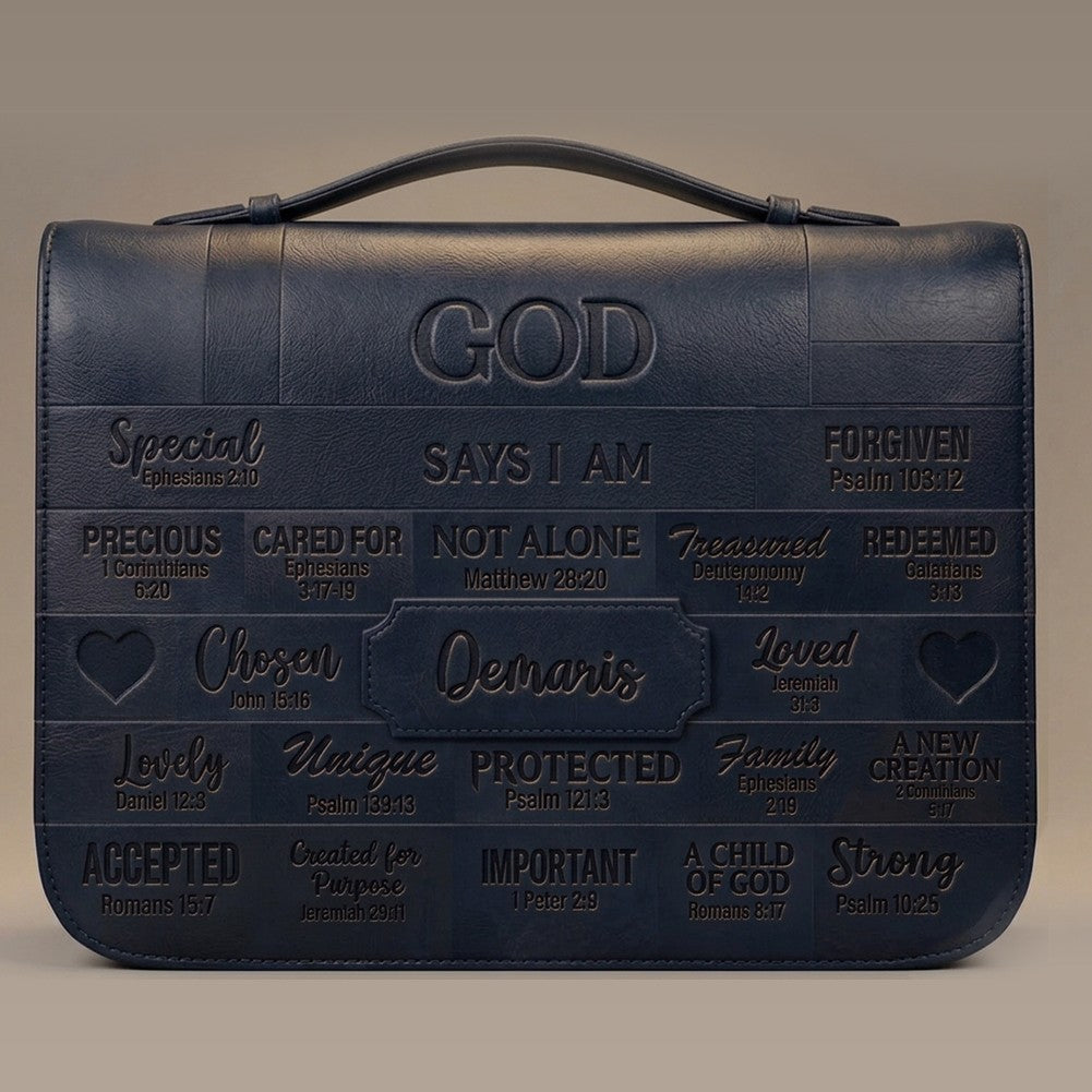 CHRISTIANARTBAG Personalized Bible Cover - Custom Name "God Says I Am" Bible Case - Black Faux Leather Journal Protector with Shoulder Strap for Women & Men CAB01041526
