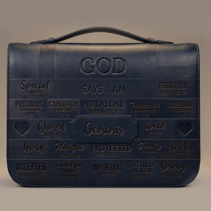CHRISTIANARTBAG Personalized Bible Cover - Custom Name "God Says I Am" Bible Case - Black Faux Leather Journal Protector with Shoulder Strap for Women & Men CAB01041526