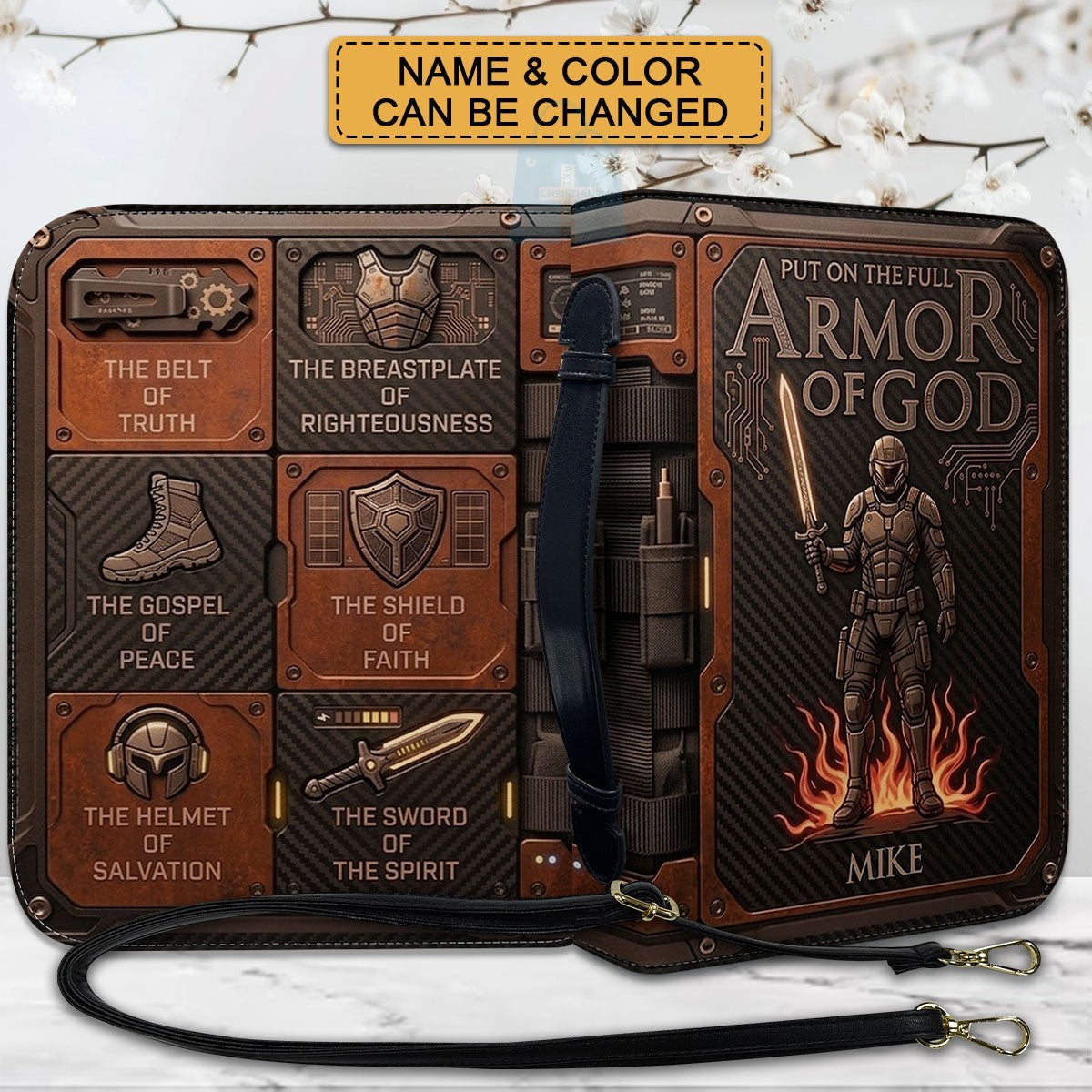 Personalized Bible Cover Armor of God | Custom Name Leather Bible Case with Handle | Christian Gift for Men Women | CHRISTIANARTBAG BLACK02060926