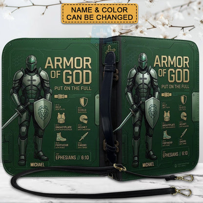 CHRISTIANARTBAG Personalized Armor of God Bible Cover for Men | Custom Name Ephesians 6:10 Leather Bible Case with Handle & Strap | Tech-Series Midnight Bishop Knight Gift CAB01062926