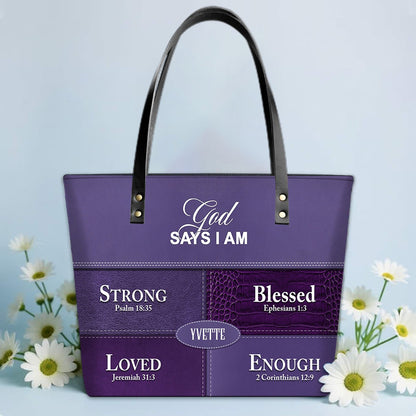 Personalized “God Says I Am” Luxury Leather TOTE Bag for Christian Women – Custom Name & Color | CHRISTIANARTBAG