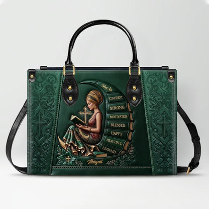 Personalized Leather Handbag for Christian Women - Custom Name, Skin Tone & Color "She Is" Affirmation Tote Bag | CHRISTIANARTBAG 01080326