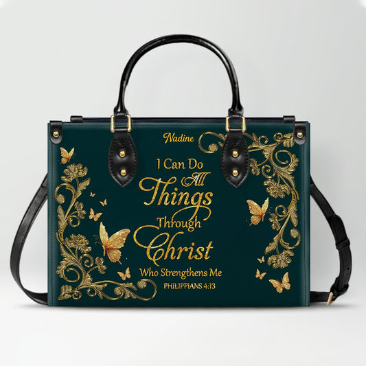 Personalized Christian Leather Handbag - Custom Name Bible Verse Tote Bag - Floral Butterfly Embossed Satchel - Luxury Boho Gift for Christian Women - CHRISTIANARTBAG