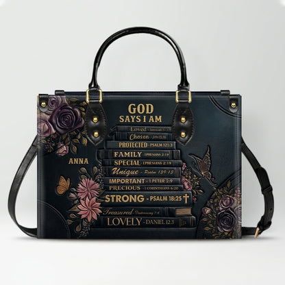 CHRISTIANARTBAG Personalized God Says I Am Leather Handbag - Custom Name Christian Bible Verse Stacked Books Tote Bag CAB01072226
