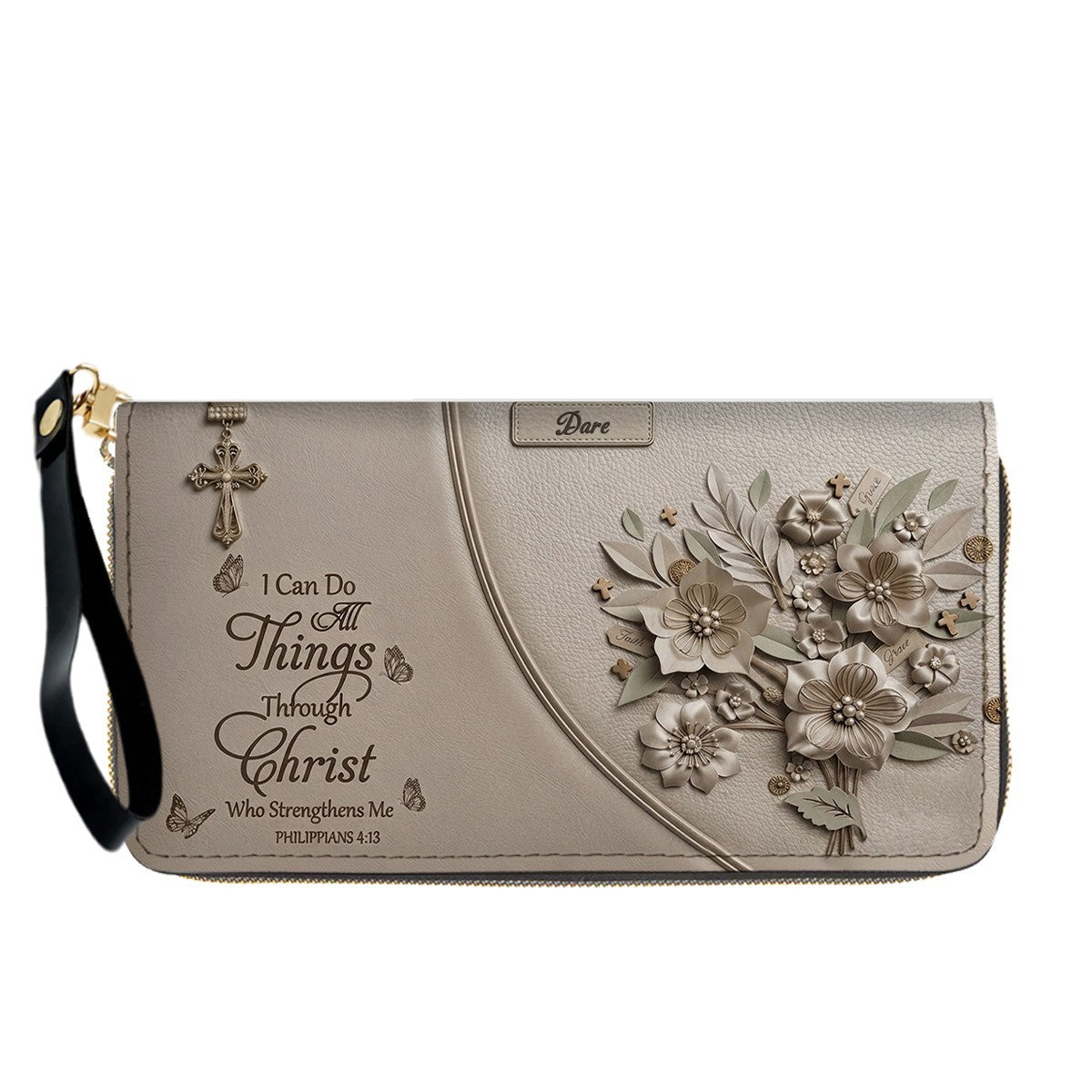 Custom Name Greige Leather Handbag | "I Can Do All Things Through Christ" Floral Design | CHRISTIANARTBAG 01070326