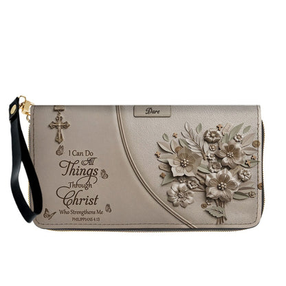Custom Name Greige Leather Handbag | "I Can Do All Things Through Christ" Floral Design | CHRISTIANARTBAG 01070326