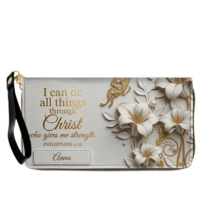 Personalized Leather Handbag - Custom Name Christian Bible Verse Philippians 4:13 Floral Butterfly Tote Bag | CHRISTIANARTBAG CA02100926