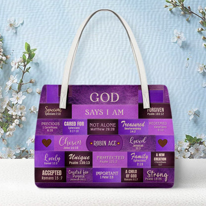 Personalized Christian Handbag – God Says I Am Leather Tote with Custom Name & Color | CHRISTIANARTBAG
