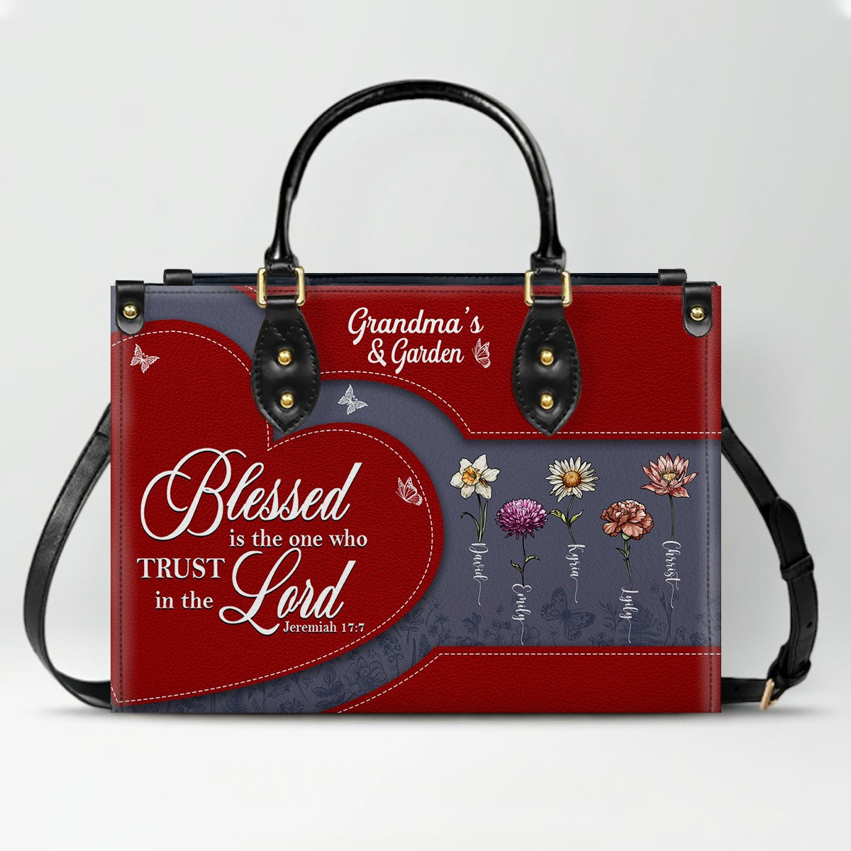 CHRISTIANARTBAG | Personalized Leather Handbag Tote | "Be Still & Know" Bible Verse Grandma's Garden | Custom Birth Month Flower Gift