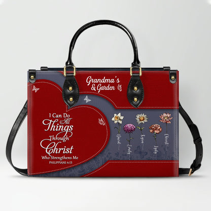 CHRISTIANARTBAG | Personalized Leather Handbag Tote | "Be Still & Know" Bible Verse Grandma's Garden | Custom Birth Month Flower Gift