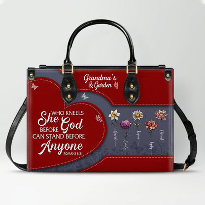 CHRISTIANARTBAG | Personalized Leather Handbag Tote | "Be Still & Know" Bible Verse Grandma's Garden | Custom Birth Month Flower Gift