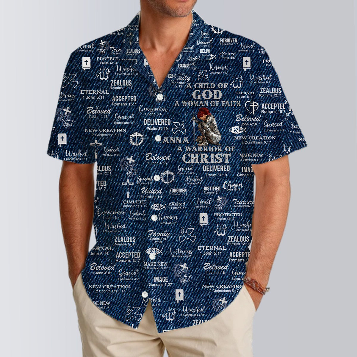 Personalized Christian Hawaiian Shirt – Custom Name, Hair & Beard Style Warrior of Christ Design