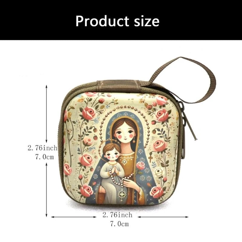 Catholic Rosary Case & Religious Jewelry Storage Box | Mini Square Prayer Bag with Zipper | Christian Icon Coin Purse for Rosary, Medals, and Crosses