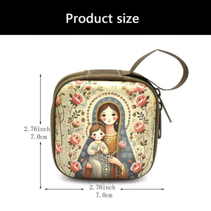 Catholic Rosary Case & Religious Jewelry Storage Box | Mini Square Prayer Bag with Zipper | Christian Icon Coin Purse for Rosary, Medals, and Crosses