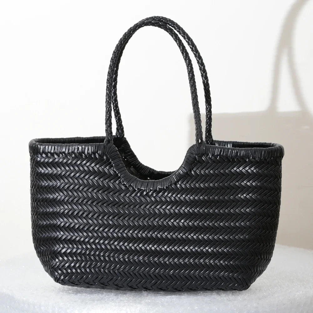 CHRISTIANARTBAG Genuine Leather Woven Tote Bag – Handcrafted Vintage Cowhide Shoulder Purse for Women, Large Capacity Artisan Basket Bag