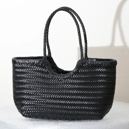 CHRISTIANARTBAG Genuine Leather Woven Tote Bag – Handcrafted Vintage Cowhide Shoulder Purse for Women, Large Capacity Artisan Basket Bag