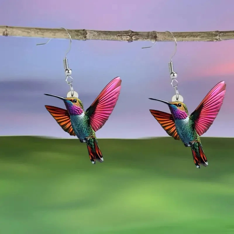 Colorful Hummingbird Drop Earrings - Stained Glass Style Bird Dangle Earrings for Women, Retro Fashion Jewelry Gift