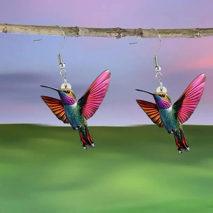 Colorful Hummingbird Drop Earrings - Stained Glass Style Bird Dangle Earrings for Women, Retro Fashion Jewelry Gift