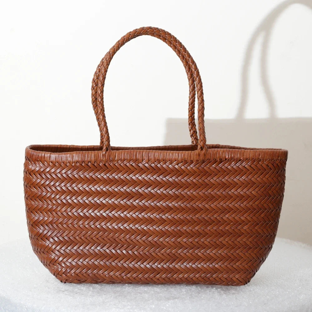 CHRISTIANARTBAG Genuine Leather Woven Tote Bag – Handcrafted Vintage Cowhide Shoulder Purse for Women, Large Capacity Artisan Basket Bag