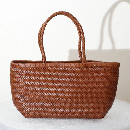 CHRISTIANARTBAG Genuine Leather Woven Tote Bag – Handcrafted Vintage Cowhide Shoulder Purse for Women, Large Capacity Artisan Basket Bag