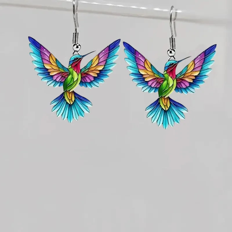 Colorful Hummingbird Drop Earrings - Stained Glass Style Bird Dangle Earrings for Women, Retro Fashion Jewelry Gift