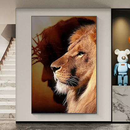 Christianartbag Home Decor, Lion and Jesus Canvas Painting Poster Prints Religion Christianity Wall Art Pictures for Living Room Bedroom Home Decoration - Christian Art Bag