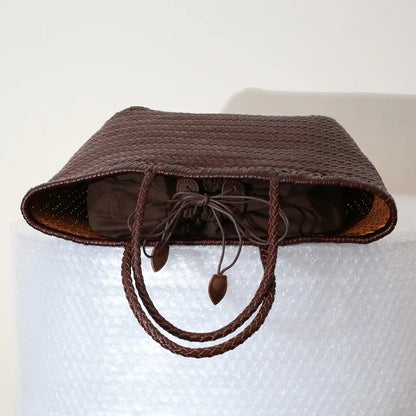 CHRISTIANARTBAG Genuine Leather Woven Tote Bag – Handcrafted Vintage Cowhide Shoulder Purse for Women, Large Capacity Artisan Basket Bag