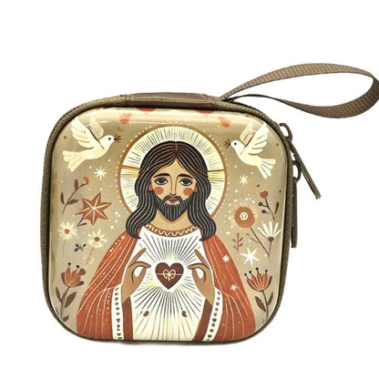 Catholic Rosary Case & Religious Jewelry Storage Box | Mini Square Prayer Bag with Zipper | Christian Icon Coin Purse for Rosary, Medals, and Crosses
