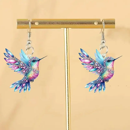 Colorful Hummingbird Drop Earrings - Stained Glass Style Bird Dangle Earrings for Women, Retro Fashion Jewelry Gift