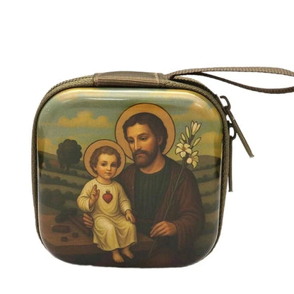Catholic Rosary Case & Religious Jewelry Storage Box | Mini Square Prayer Bag with Zipper | Christian Icon Coin Purse for Rosary, Medals, and Crosses