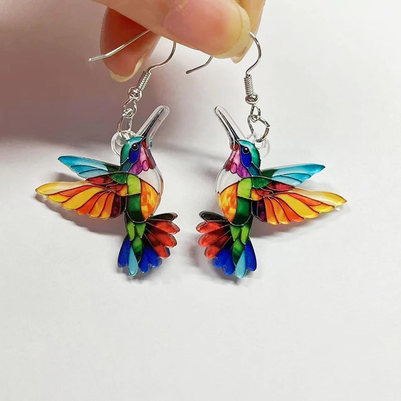 Colorful Hummingbird Drop Earrings - Stained Glass Style Bird Dangle Earrings for Women, Retro Fashion Jewelry Gift